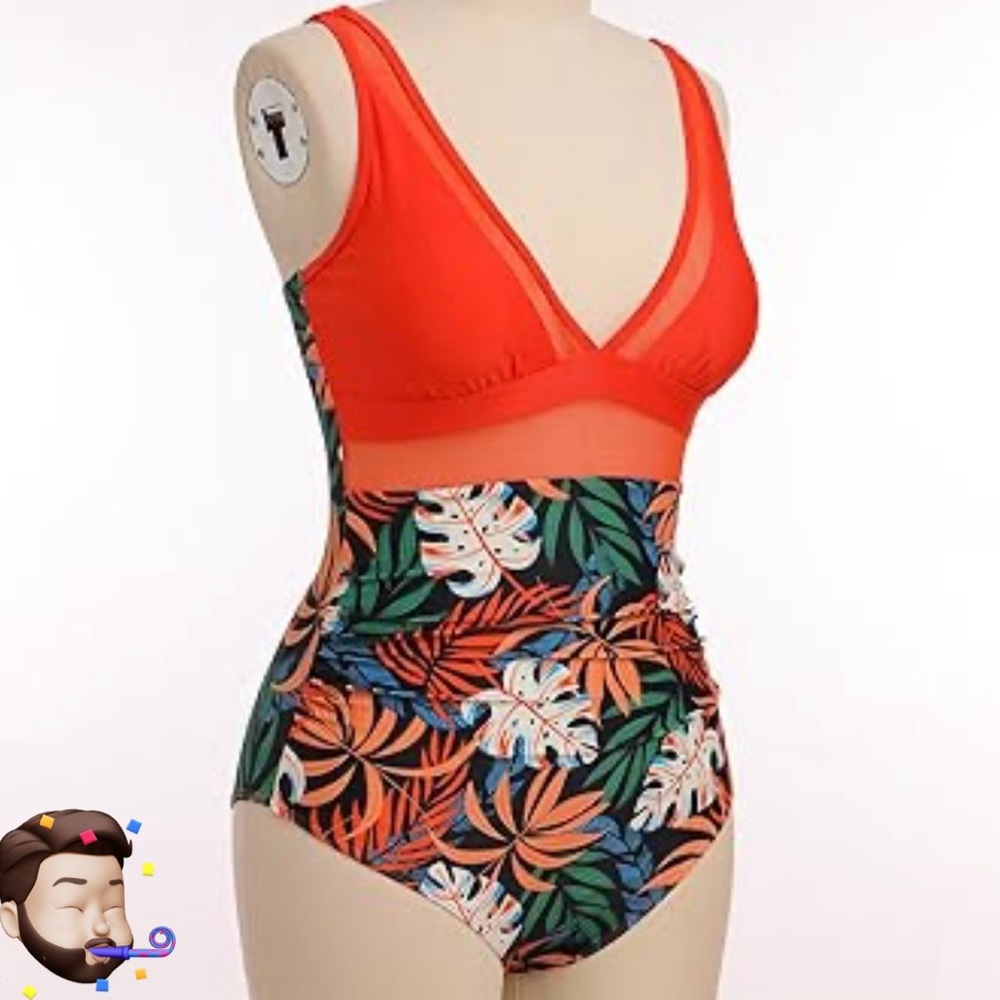 Bold Orange and Green One Piece Swimwear - Picture 2 of 9